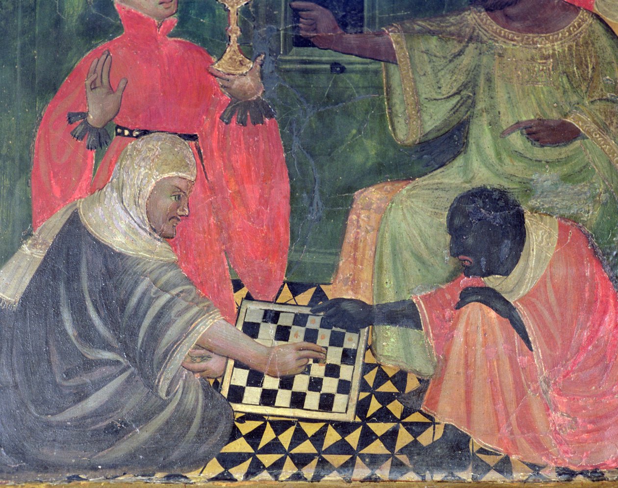Ein Maure und ein Christ spielen Schach, aus dem Altarbild der Heiligen Nikolaus, Claire und Antonius Abt von Master of Castellitx