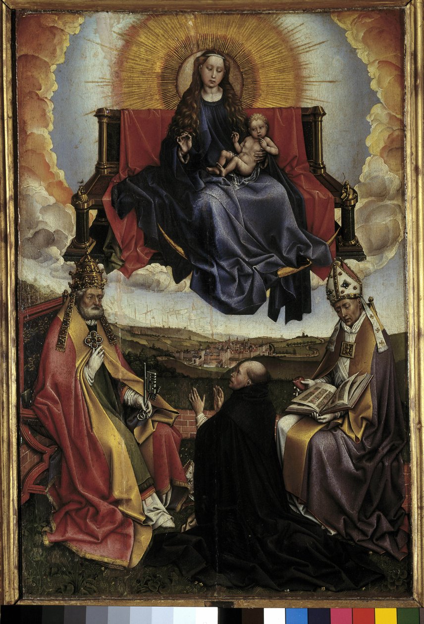 Jungfrau in Herrlichkeit zwischen St. Peter und St. Augustinus. Gemälde von Robert Campin, genannt der Meister von Flemalle (1378-1444). Musée Granet, Aix-en-Provence von Master of Flémalle