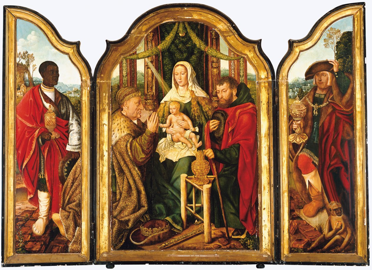 Die Heilige Familie mit Melchior, der dem Christkind Gold darbringt von Master of Frankfurt