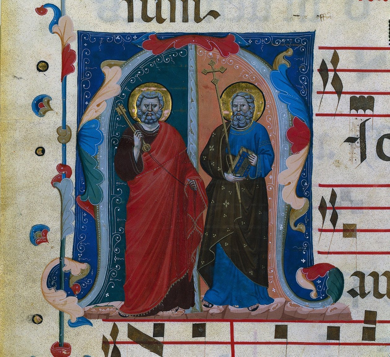 Blatt aus einem Graduale mit historisierter Initiale M: SS. Peter und Andreas von Master of Isaac and Esau