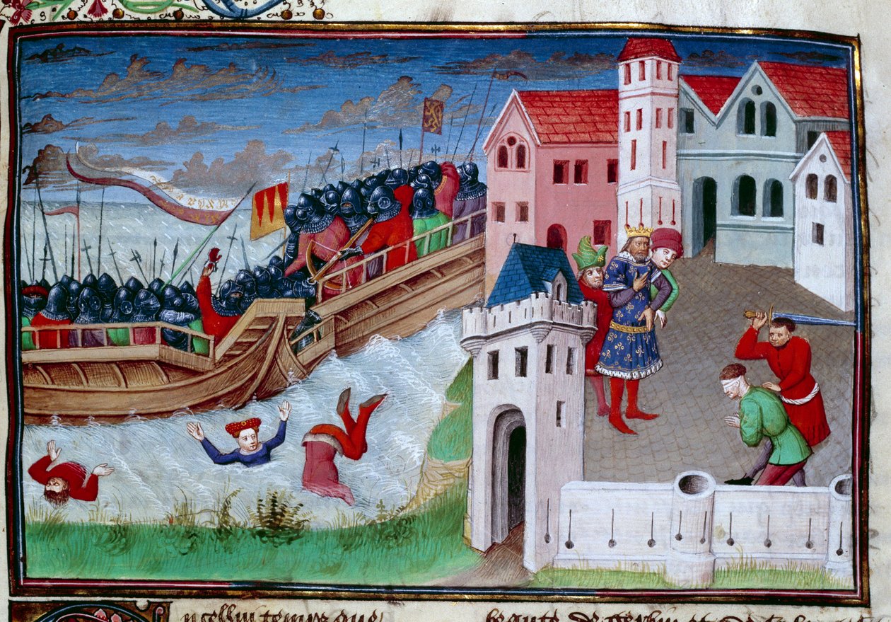 Kampfszene und Enthauptung. Illustration des Romans „Das Dekameron“ von Giovanni Boccaccio von Master of Jean Mansel