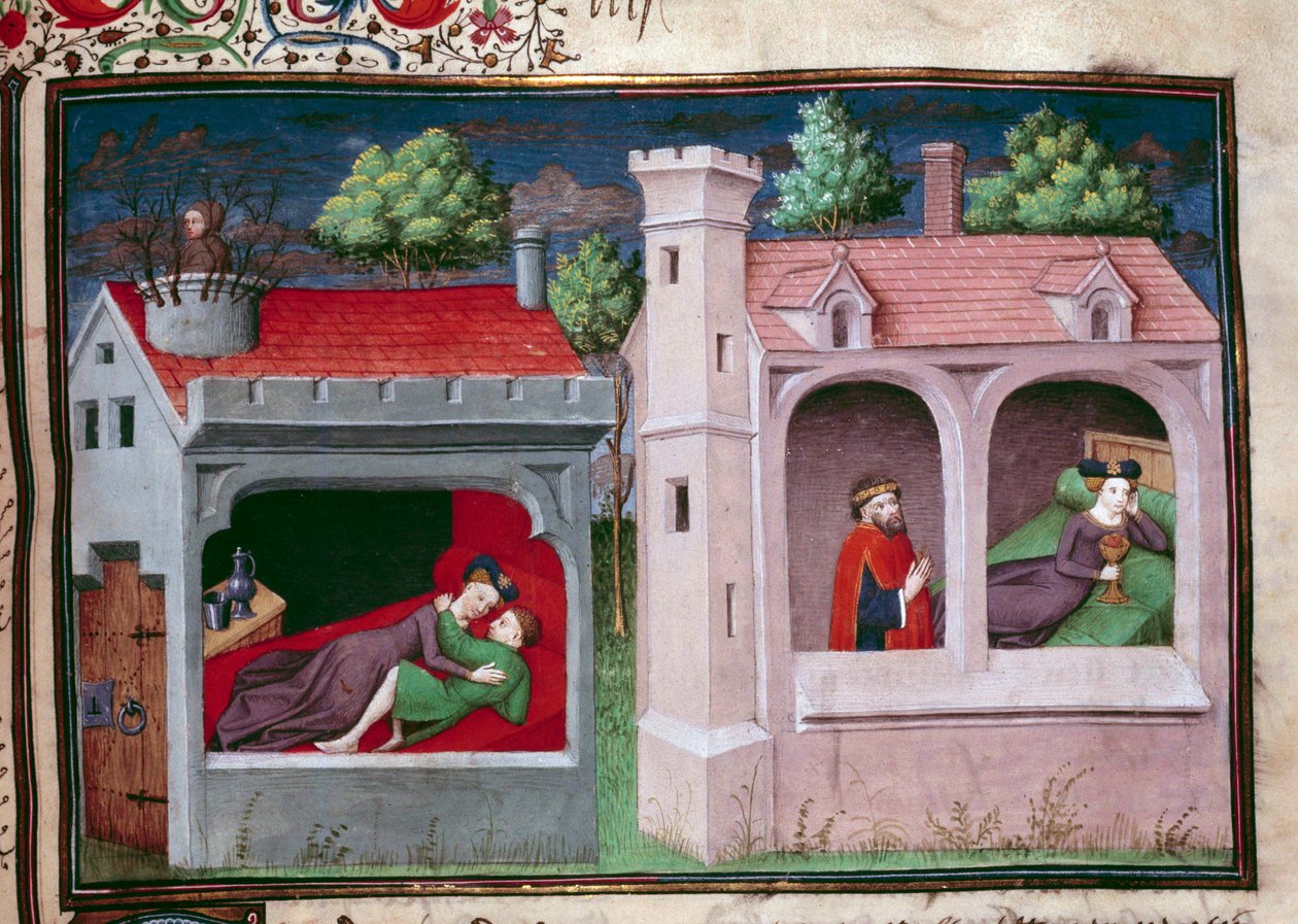 Galante Szene: Zwei Paare im Gespräch. Seite eines Manuskripts in Französisch des „Decameron“ von Giovanni Boccaccio (1313-1375), italienischer Schriftsteller, illuminiert vom Meister von Mansel. 1450. Paris, Bibliothek des Arsenal von Master of Jean Mansel