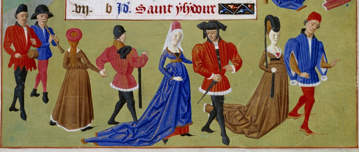 Mai: die Höflinge spazieren. Detail einer illuminierten Manuskriptseite aus dem Stundenbuch der Herzogin von Burgund, Adelaide von Savoyen von Master of Jean Rolin II
