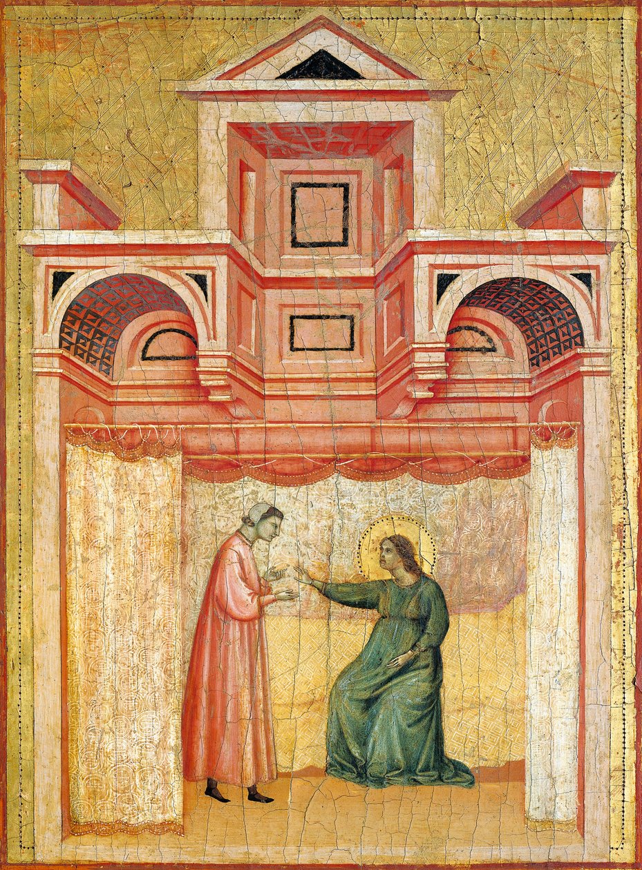 Cecilia überzeugt ihren Ehemann Valerian zur Taufe, Detail aus dem Altarbild, das die Legende der heiligen Cecilia darstellt, ca. 1304, von Meister der heiligen Cecilia, Tempera auf Holz und Goldblatt, 85x181 cm von Master of Saint Cecilia