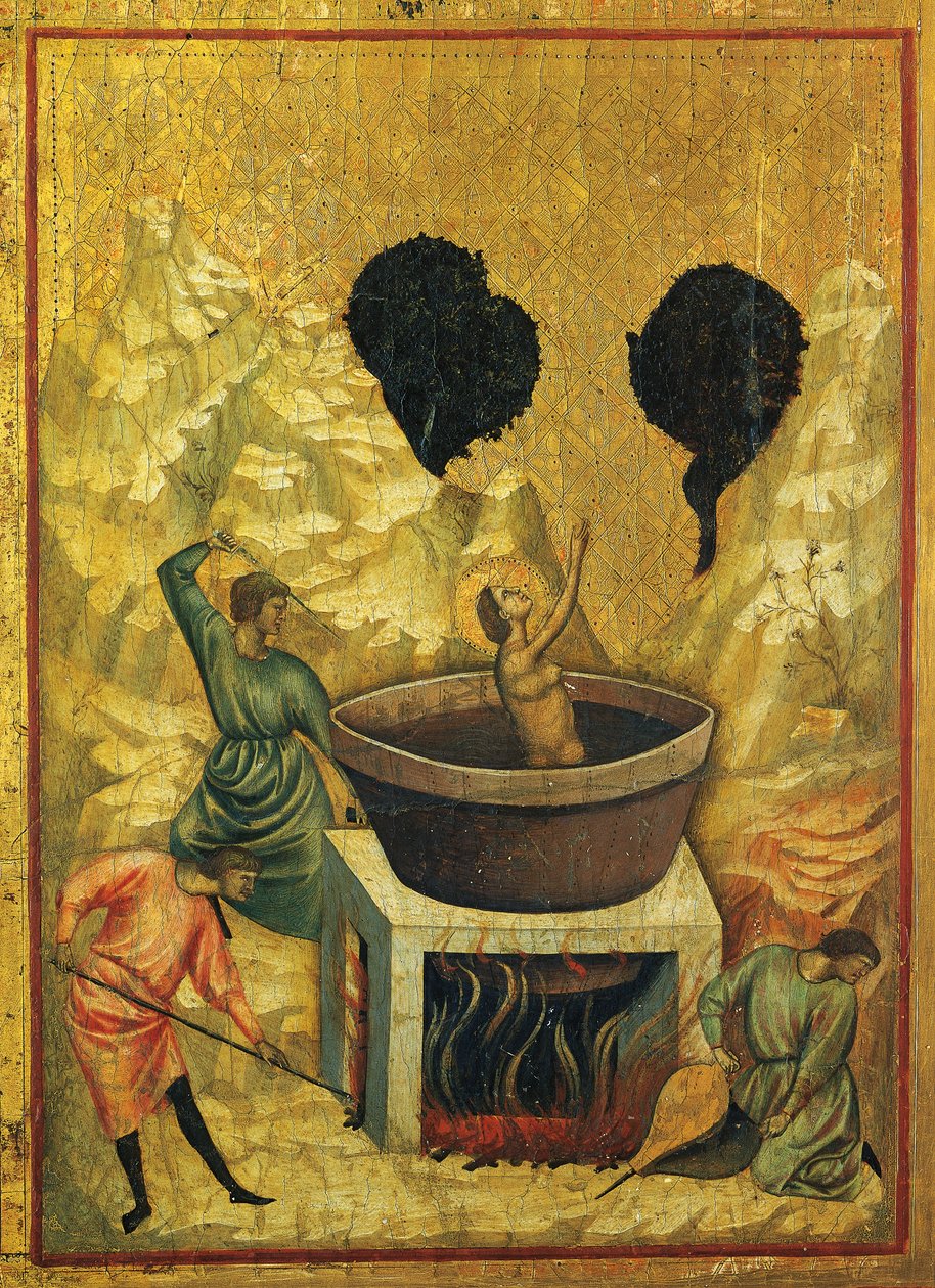Heilige Cäcilia im Bad mit kochendem Wasser, Detail des Altars mit Geschichten der Heiligen Cäcilia, ca. 1304, der Meister der Heiligen Cäcilia von Master of Saint Cecilia