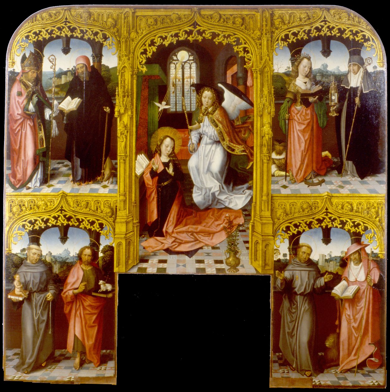 Die Verkündigung mit den Heiligen Lazarus und Antonius Abt, Katharina von Alexandria und Chiara, Antonius von Padua und Johannes der Täufer, Franziskus und Hieronymus von Master of Saint John the Evanglist