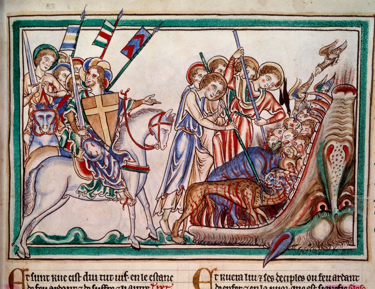 Der Herr und seine Armee stürzen das Tier und seine Anbeter in die Hölle. Miniatur aus dem Manuskript „Apocalypse historiee“, Folio 38. 1250. Beleuchtung des Meisters von Sarum. Paris, NL von Master of Sarum