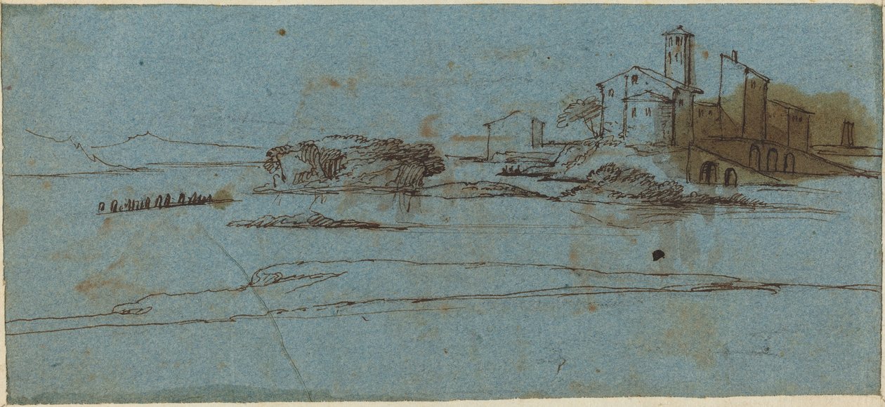 Gebäude am Flussufer [verso] von Master of the Blue Landscapes