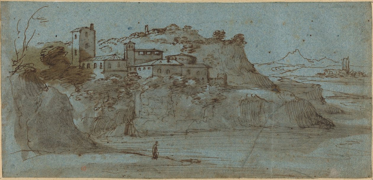 Dorf auf einer Flussklippe [recto] von Master of the Blue Landscapes