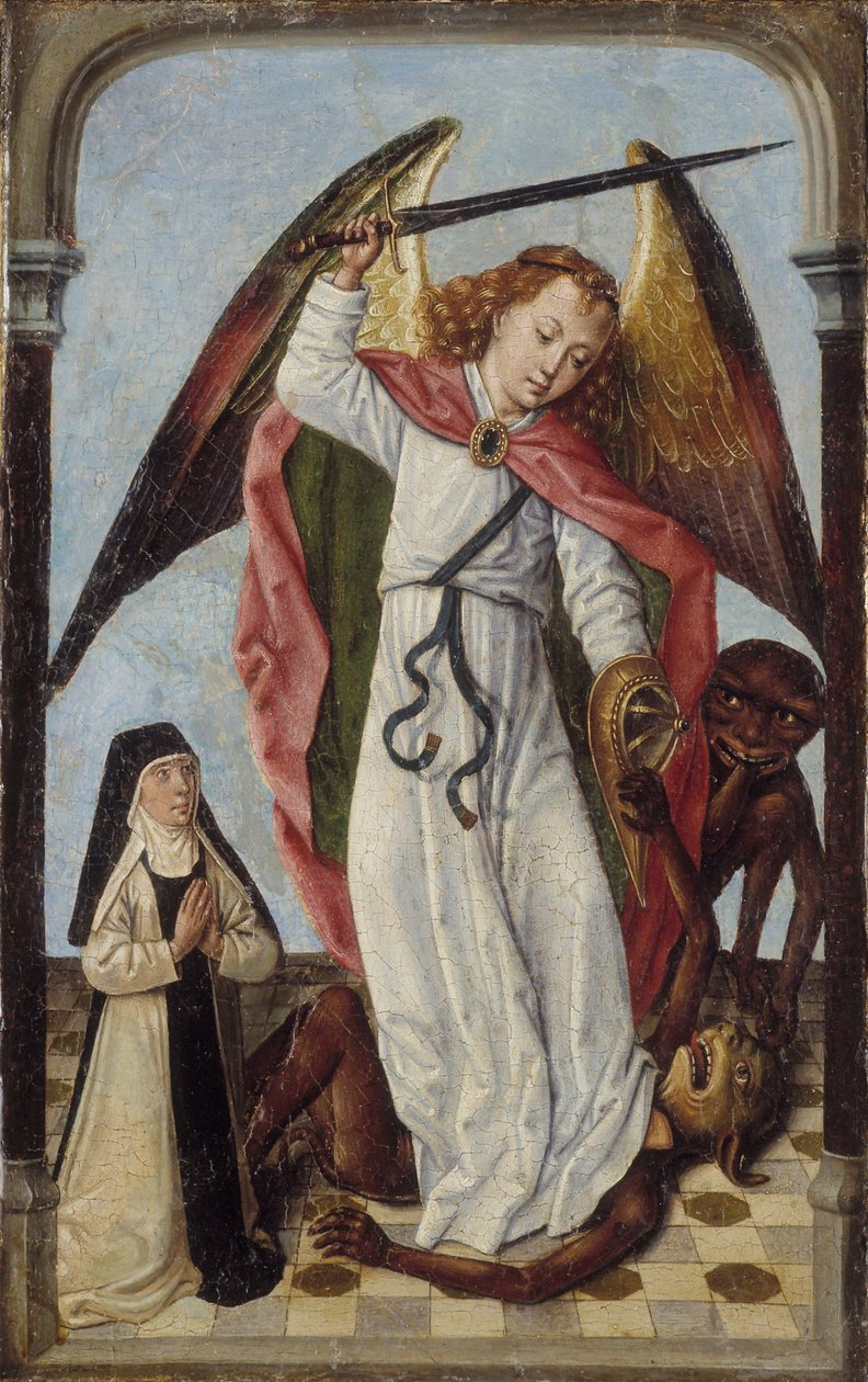 St. Michael kämpft gegen Dämonen in Anwesenheit einer Nonne von Master of the Bruges Legend of St. Ursula