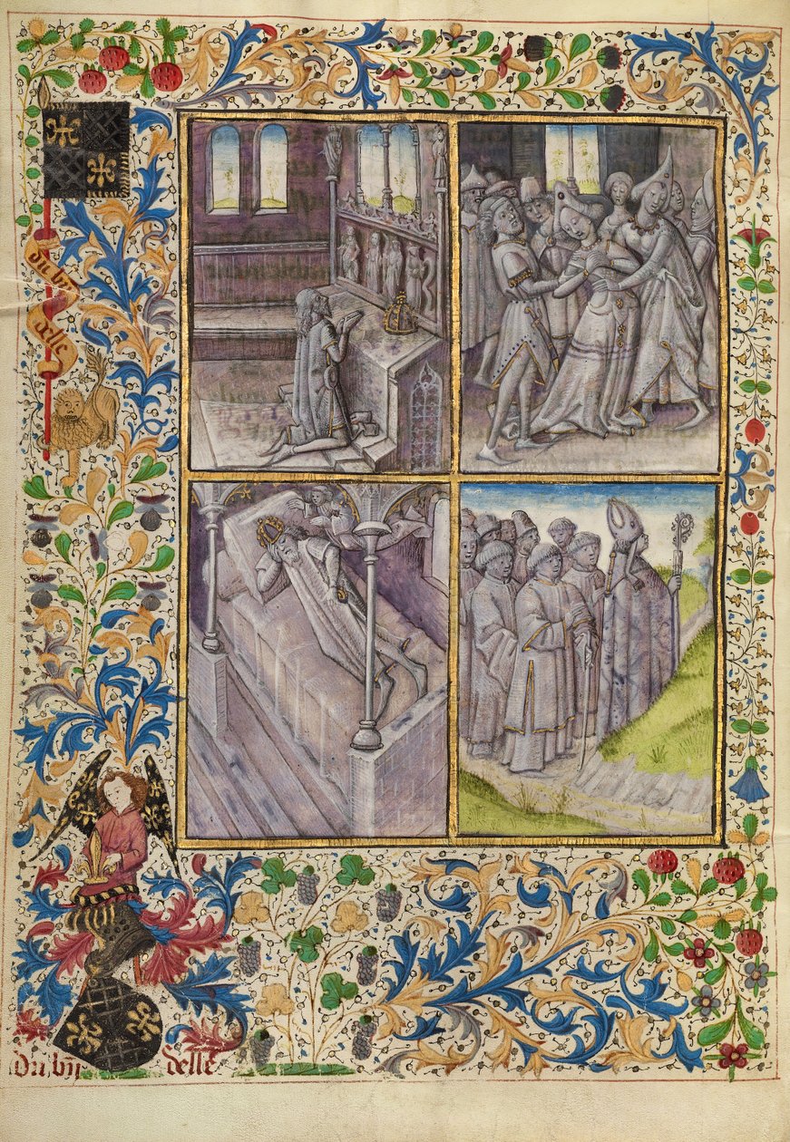 Kaiser Konstantin betet in einer Kirche; Sophia von bösen Geistern geplagt; Durch einen Traum befiehlt Gott Konstantin, die Überreste von Antonius zu finden; Bischof Theophile auf dem Weg nach Ägypten von Master of the Brussels Romuléon