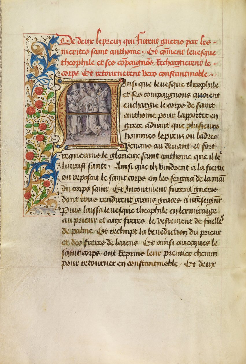 Initiale A: Der Körper des heiligen Antonius wird nach Konstantinopel transportiert und die Heilung von zwei Aussätzigen nach Berührung des Körpers des Heiligen von Master of the Brussels Romuléon