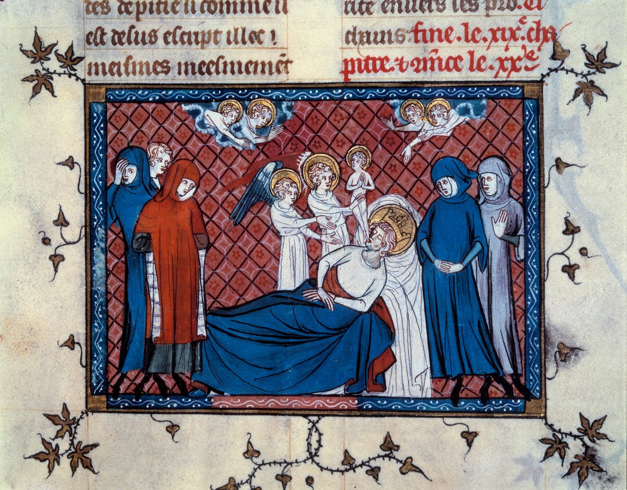 Tod des Heiligen Ludwig in Tunis am 25. August 1270. Miniatur aus dem Manuskript „Leben und Wunder des Heiligen Ludwig“ (Seite 277), illuminiert von Mahiet und geschrieben von Wilhelm von Saint-Pathus von Master of the Cambrai Missal Mahiet