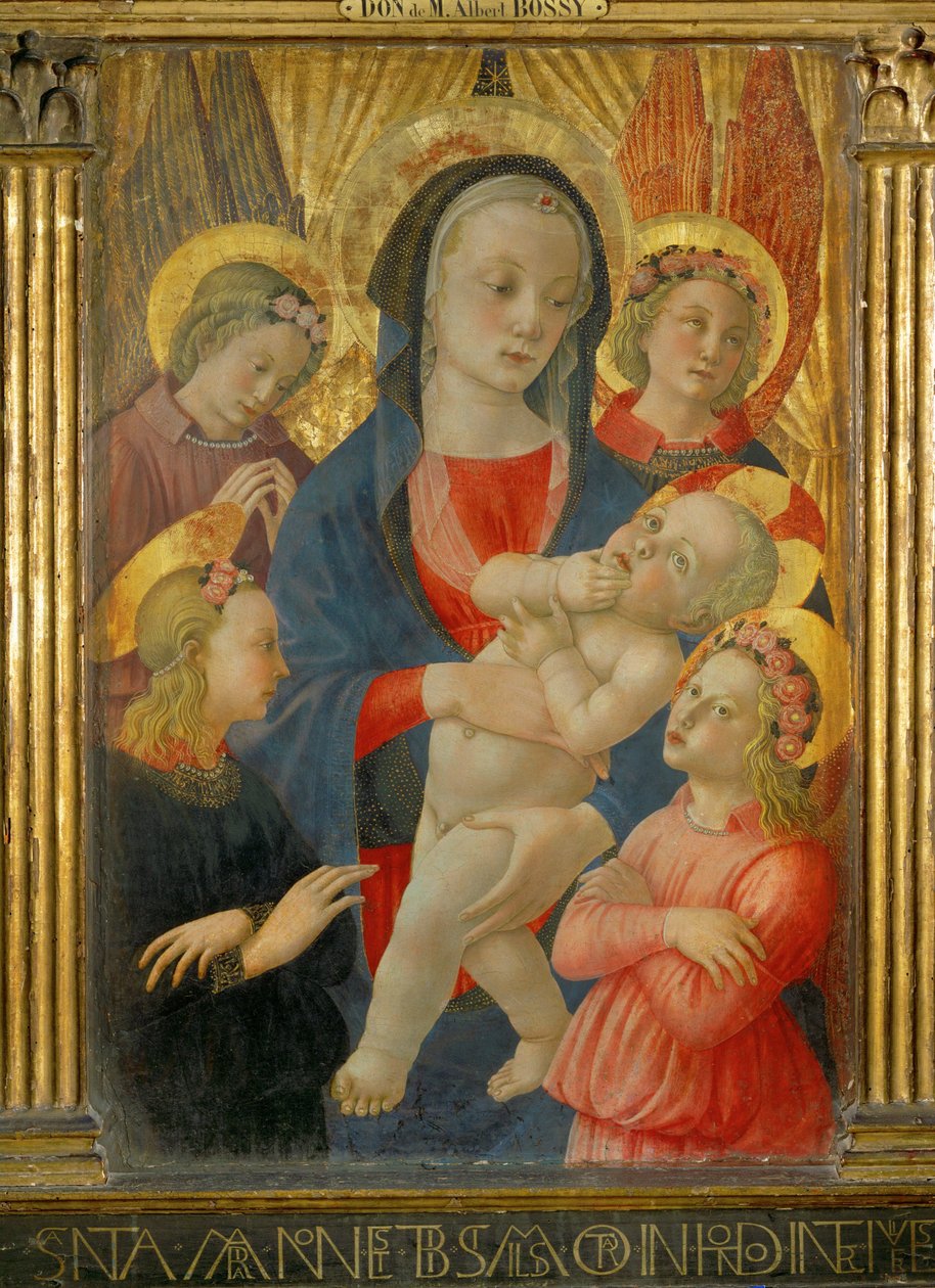Madonna und Kind, umgeben von vier Engeln von Master of the Castello Nativity