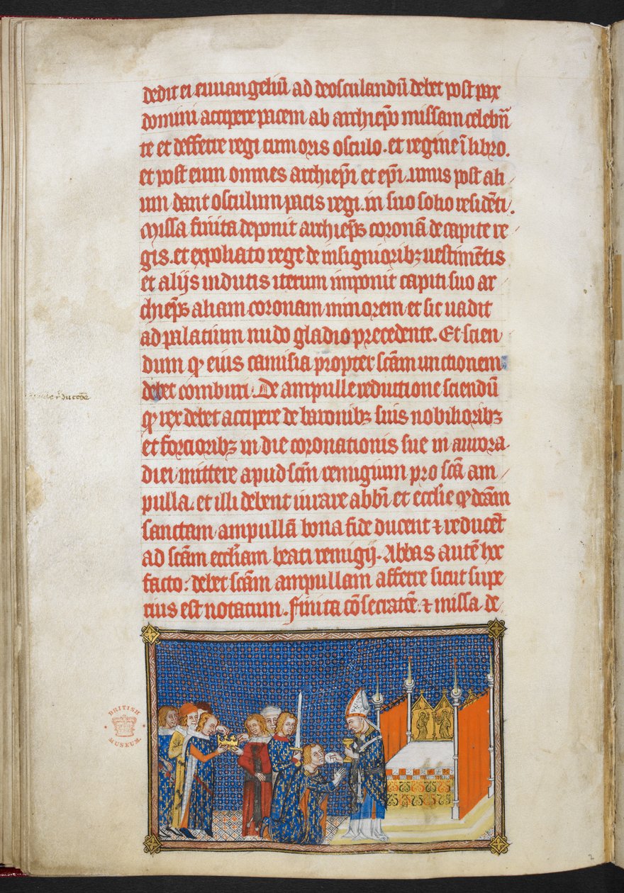 König Karl V. kniet, während der Erzbischof von Reims die Kommunionwafer in seinen Mund legt, Illustration aus 