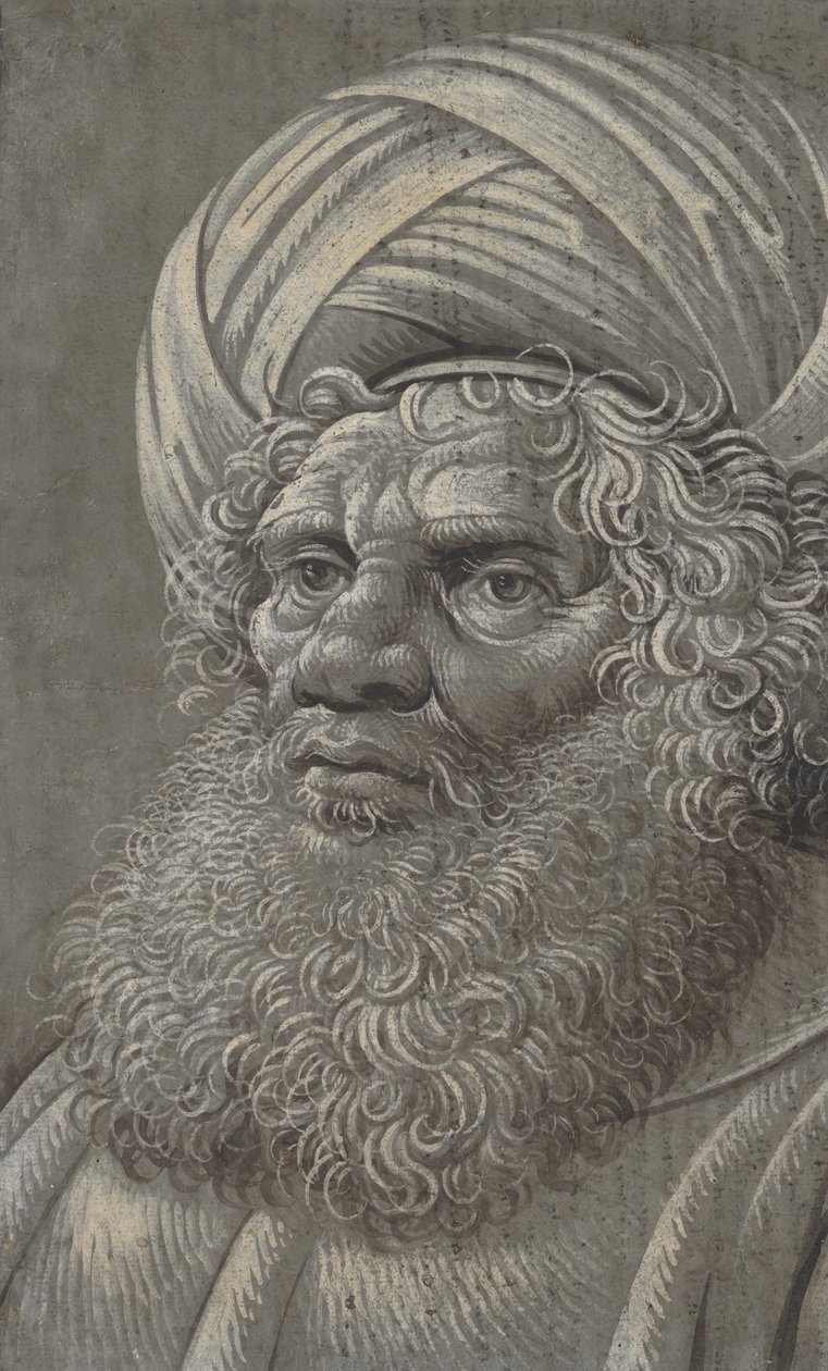 Kopf eines bärtigen Mannes mit Turban recto, lateinische Schrift verso, ca. 1510 von Master of the Death of Absalom