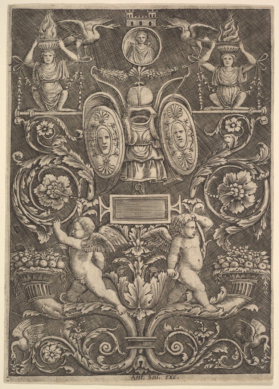 Ein Ornamentfeld, Putti stehen im unteren Abschnitt auf einem Füllhorn von Master of the Die