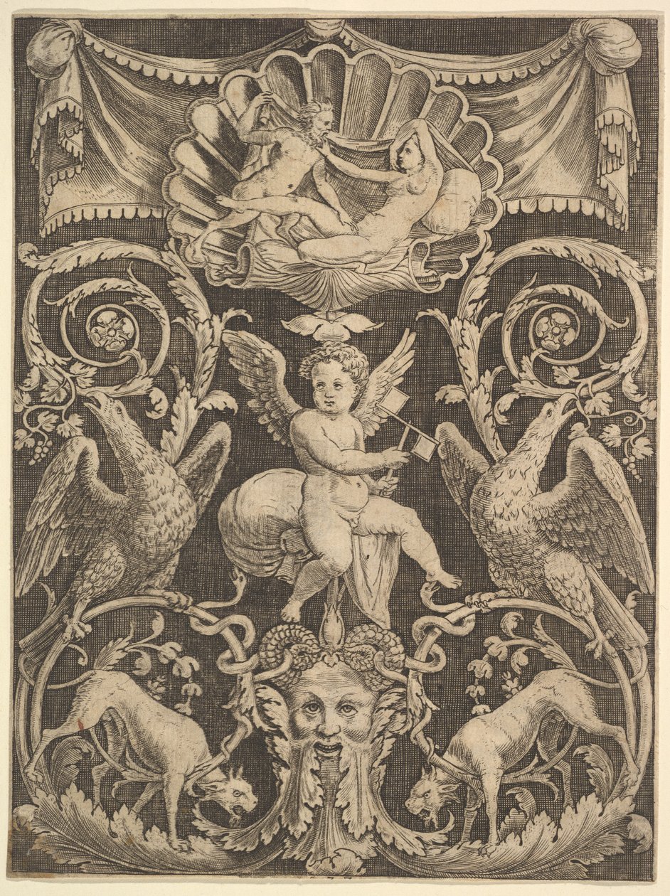 Ein Ornamentpanel mit einem Putto in der Mitte, der eine Windmühle hält, 1532 von Master of the Die