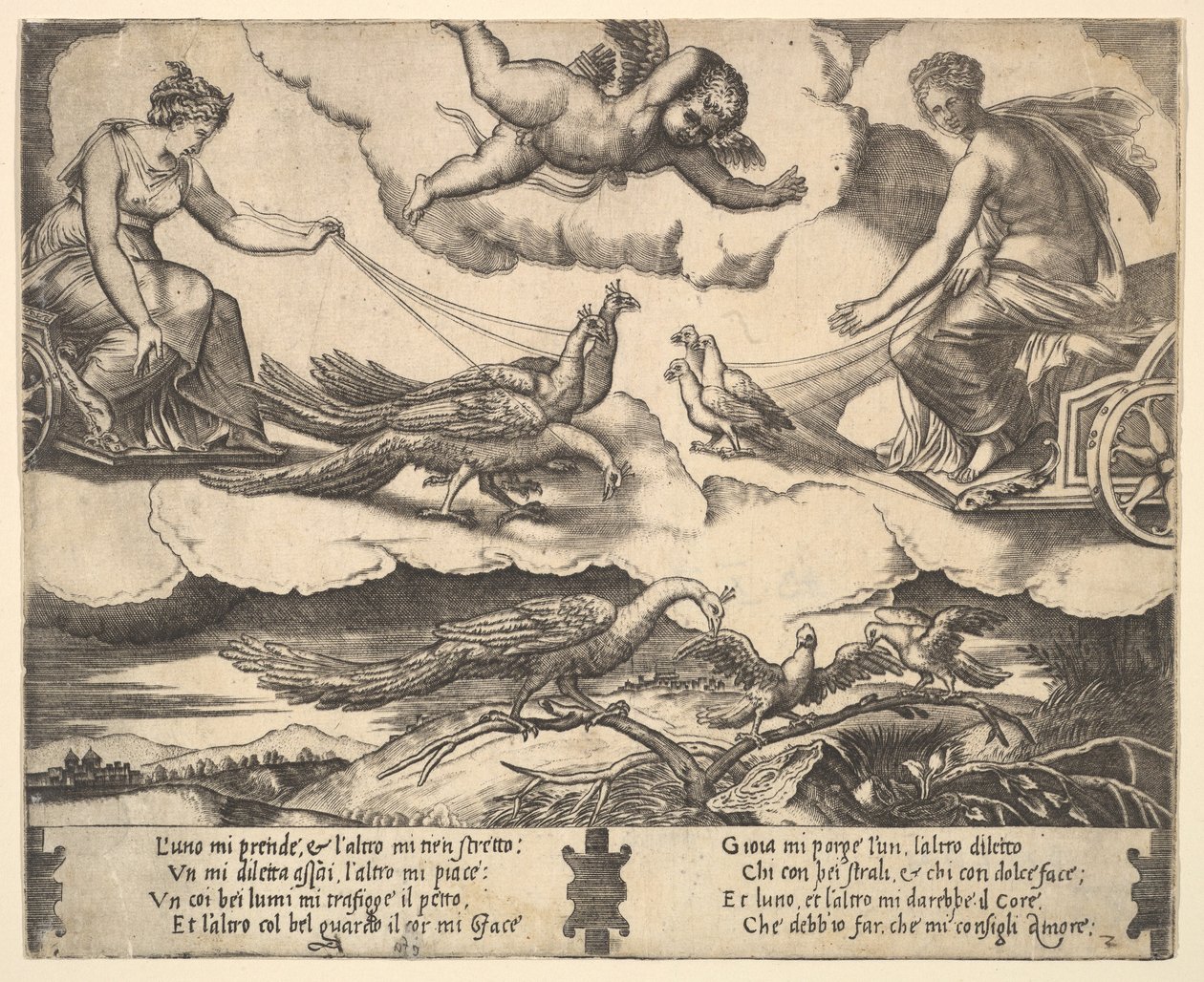 Allegorie der Ehe und Liebe, Juno in einem von Pfauen gezogenen Wagen links, Venus in einem ..., 1530-60 von Master of the Die