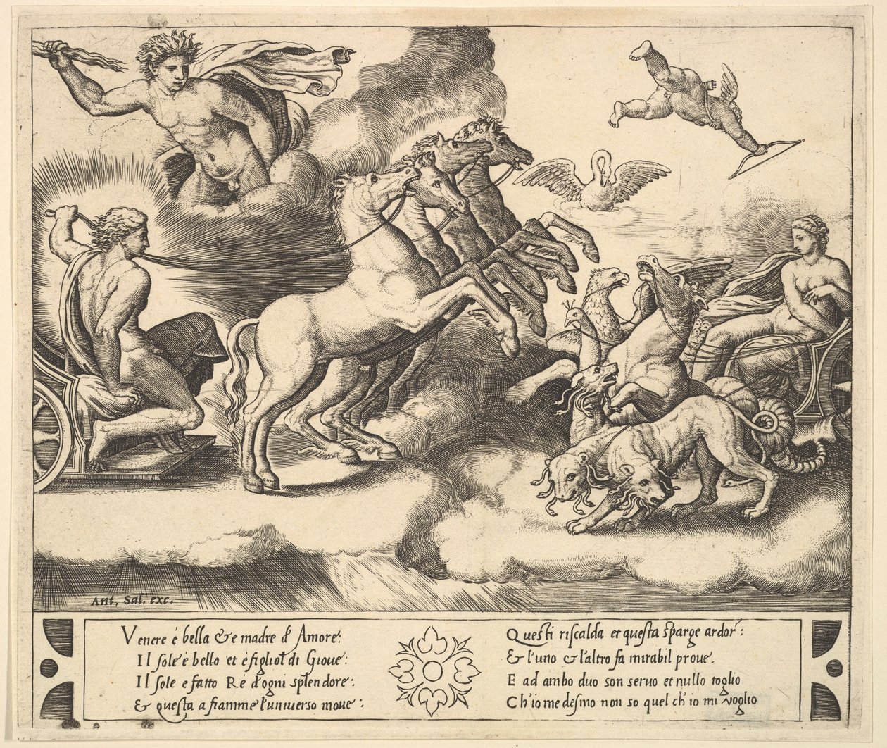Apollo in seinem von Pferden gezogenen Wagen links, über ihm Jupiter, der einen Donnerkeil schleudert von Master of the Die