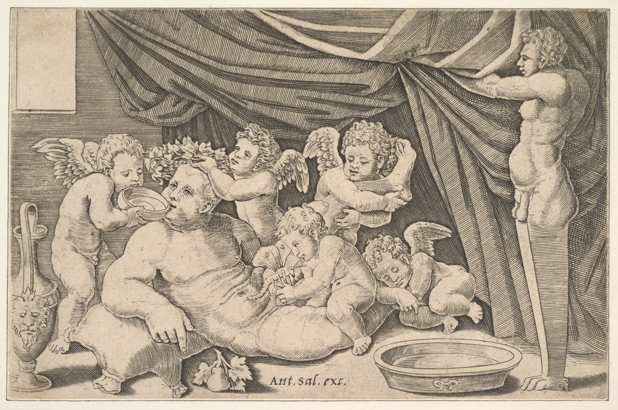 Bacchus umgeben von Putti, eine Statue des Priapus rechts, 1530-60 von Master of the Die