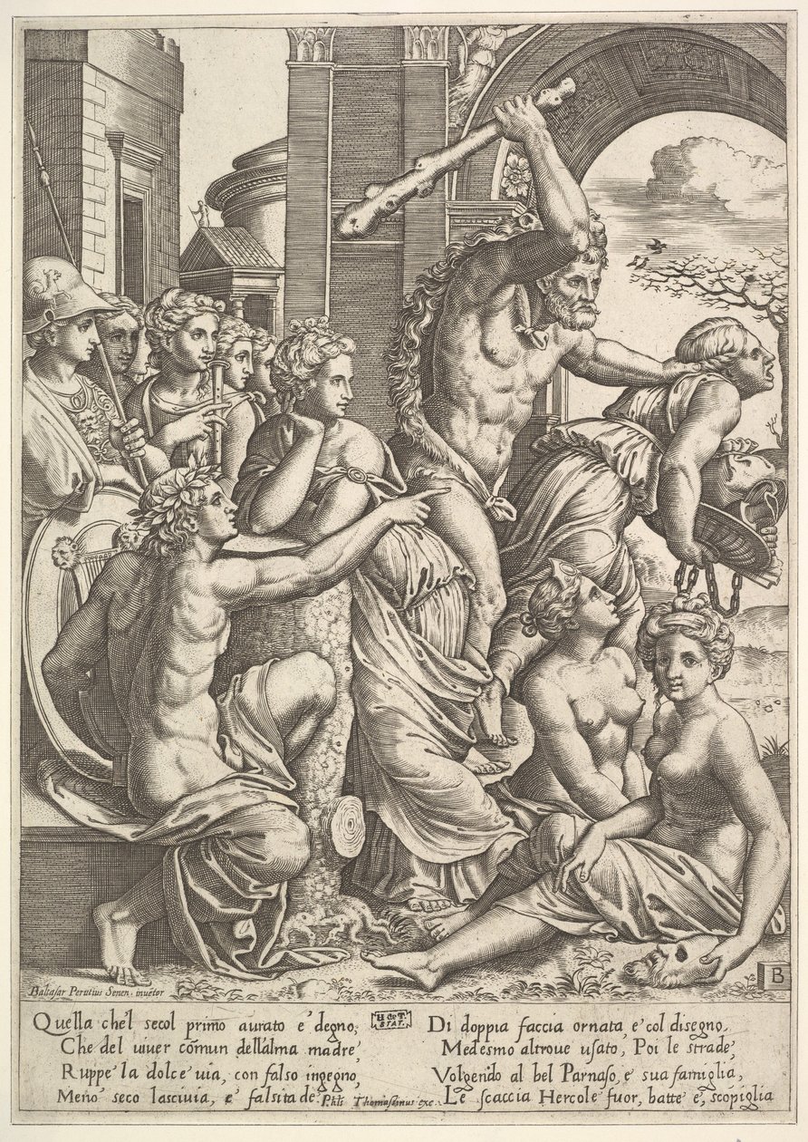 Neid oder Habgier rechts wird von Herkules aus dem Tempel der Musen vertrieben, 1530-60 von Master of the Die