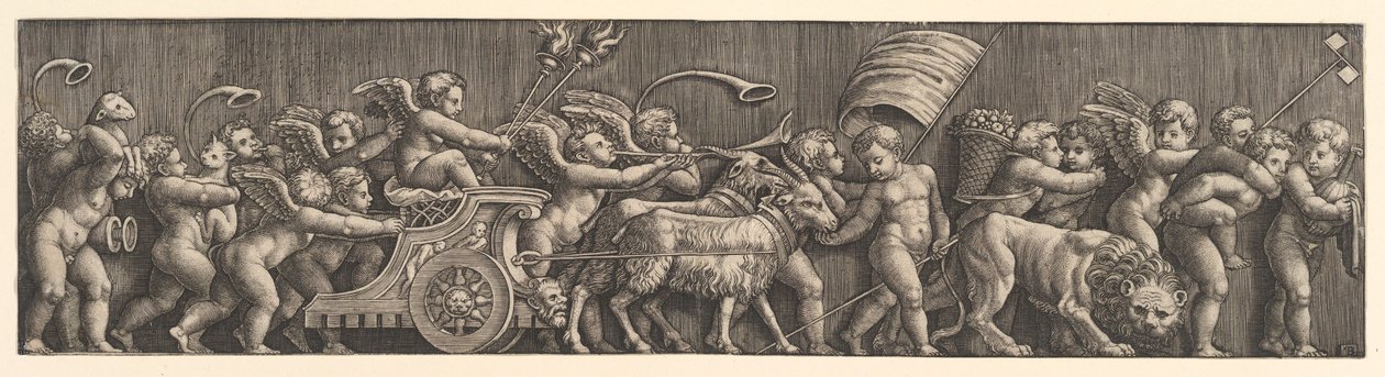 Friesanordnung, die den Triumph der Liebe darstellt, Amor in einem von Ziegen gezogenen Wagen von Master of the Die