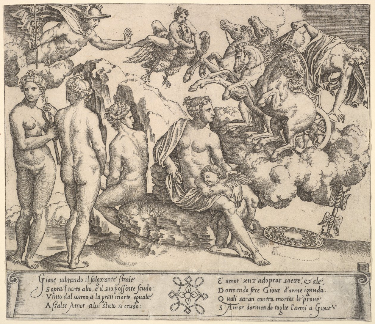 Jupiter stürzt aus einer von Pferden gezogenen Kutsche, Ganymed in Form eines Adlers, 1530-60 von Master of the Die