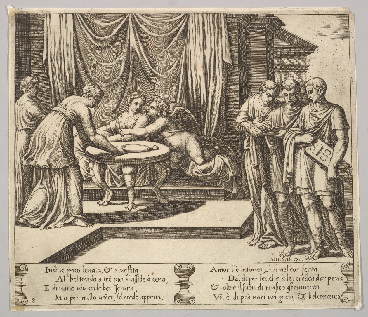 Tafel 8: Psyche sitzt an einem Tisch und wird von unsichtbaren Dienern bedient, Eros neben der g..., 1530-60 von Master of the Die