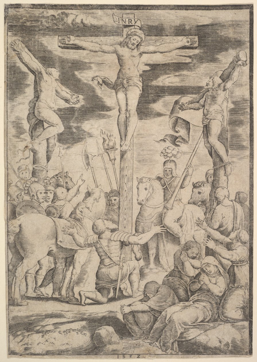 Die Bekehrung des Zenturios, der seine Arme vor Christus am Kreuz ausbreitet, 1532 von Master of the Die
