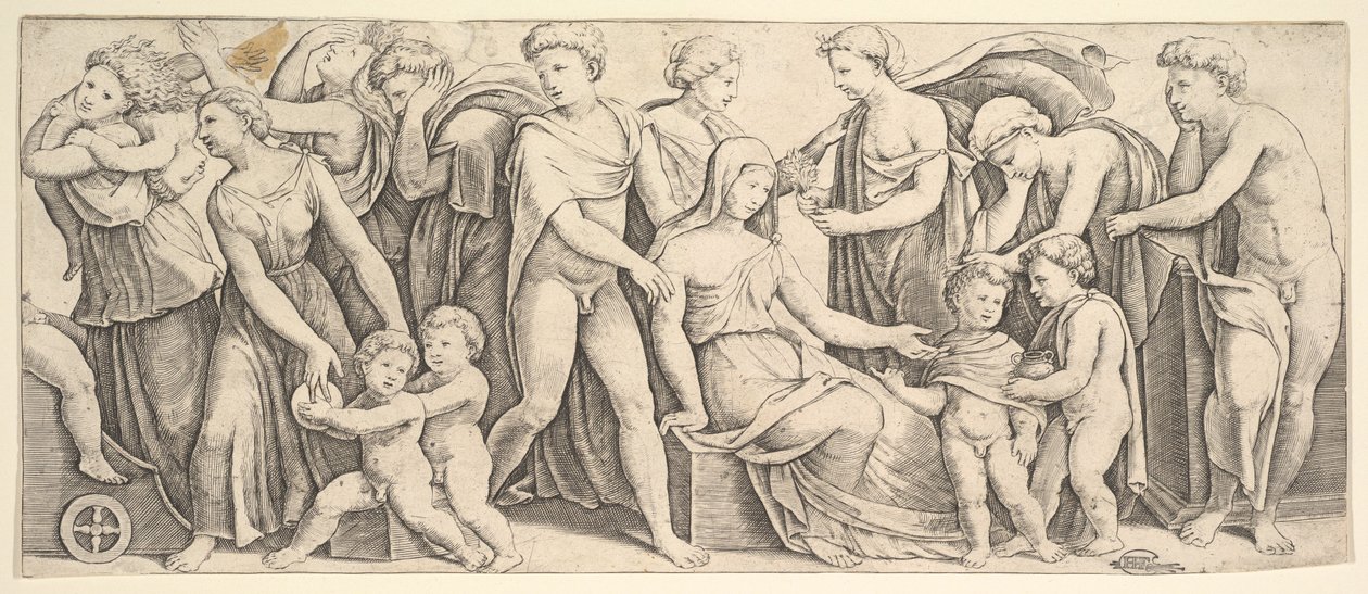 Die Hochzeit von Jason und Kreusa, links nimmt Medea ihre Kinder, 1530-60 von Master of the Die