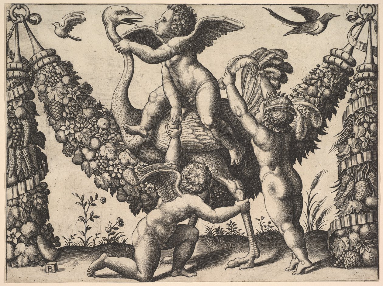 Drei Putti vor einer großen Girlande, der mittlere reitet auf einem Strauß von Master of the Die