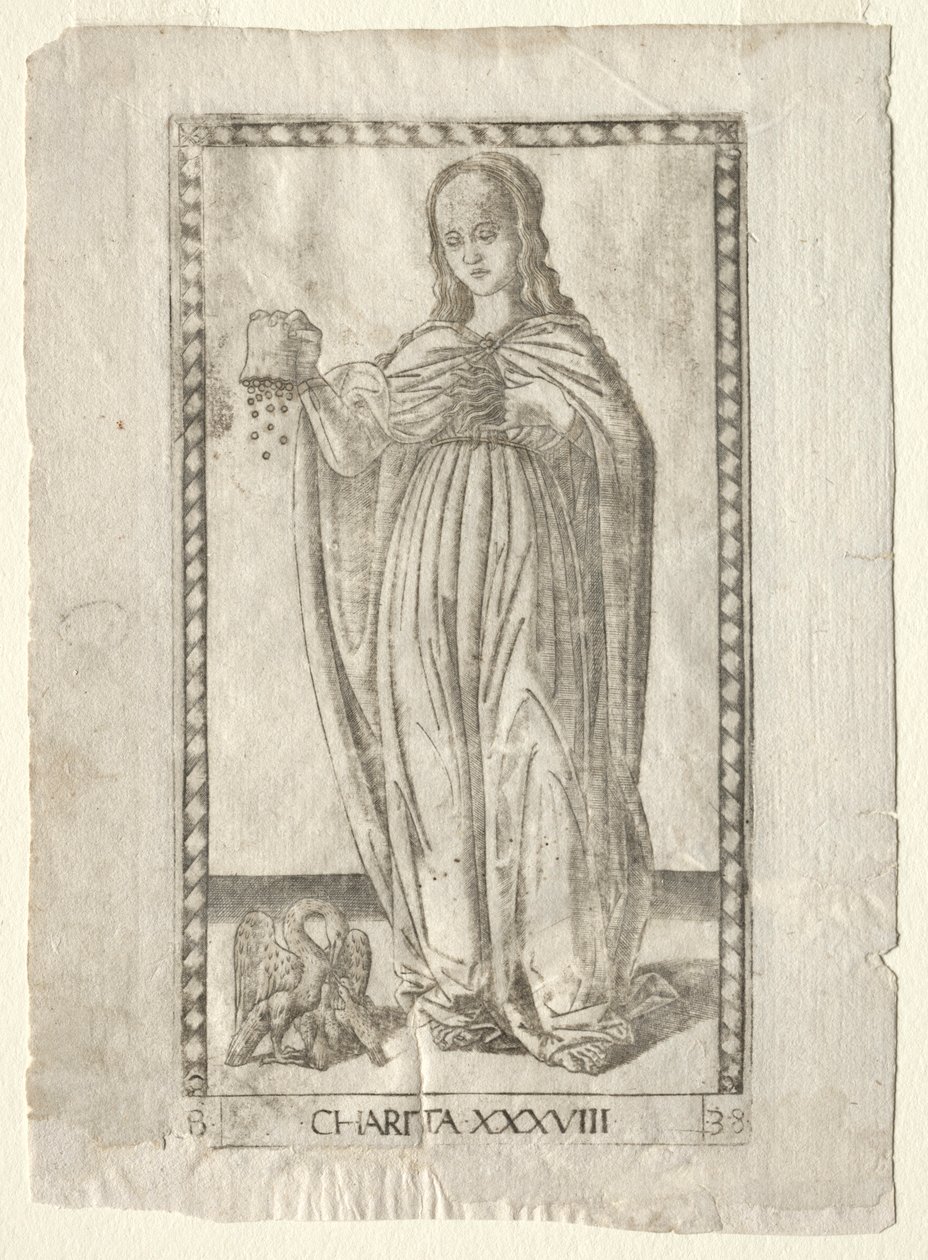 Wohltätigkeit aus den Tarocchi, Serie B: Kosmische Prinzipien & Tugenden, Nr. 38, vor 1467 von Master of the E Series Tarocchi