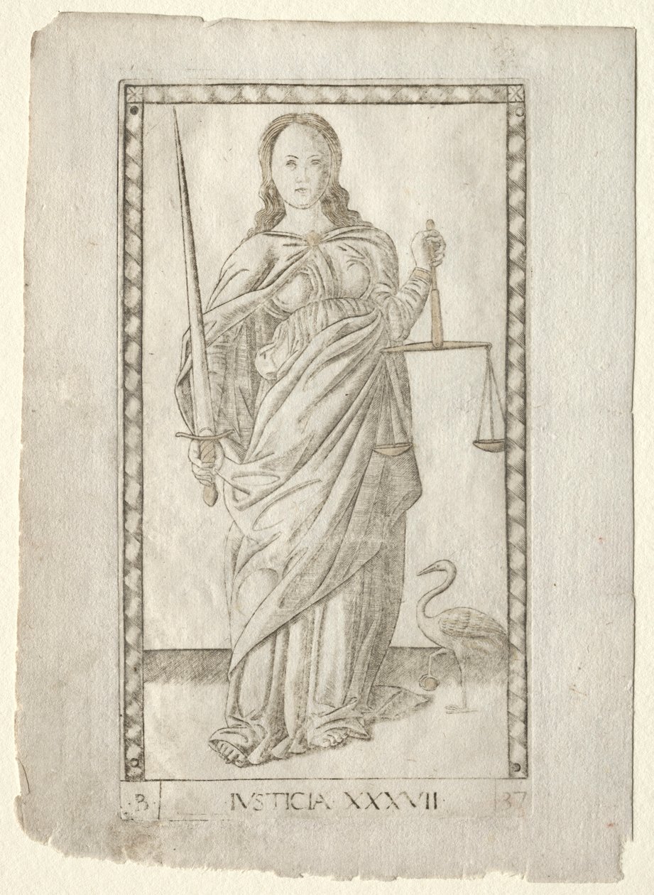 Gerechtigkeit aus den Tarocchi, Serie B: Kosmische Prinzipien & Tugenden, Nr. 37, vor 1467 von Master of the E Series Tarocchi