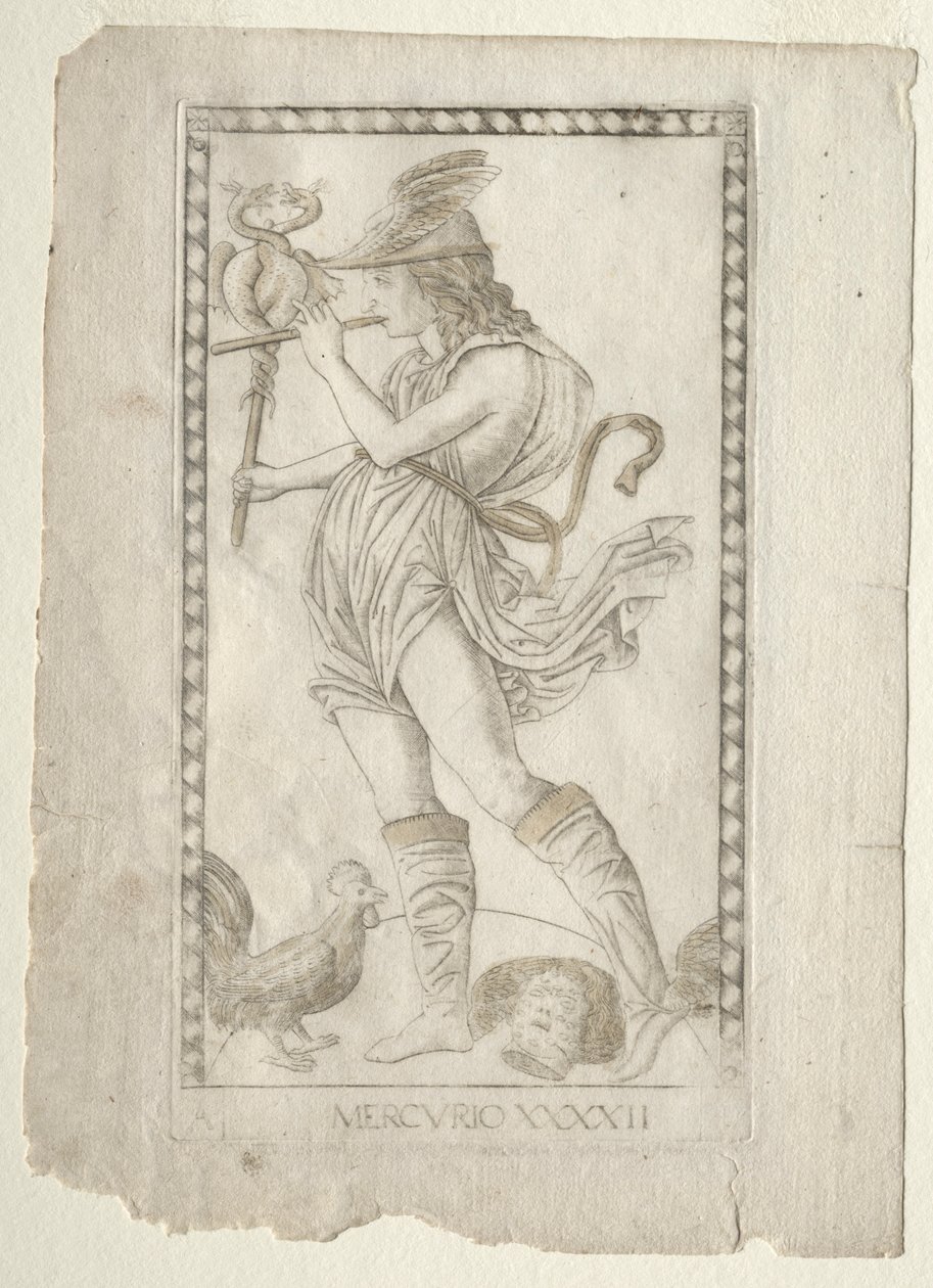 Merkur aus den Tarocchi, Serie A: Firmamente des Universums, #42, vor 1467 von Master of the E Series Tarocchi