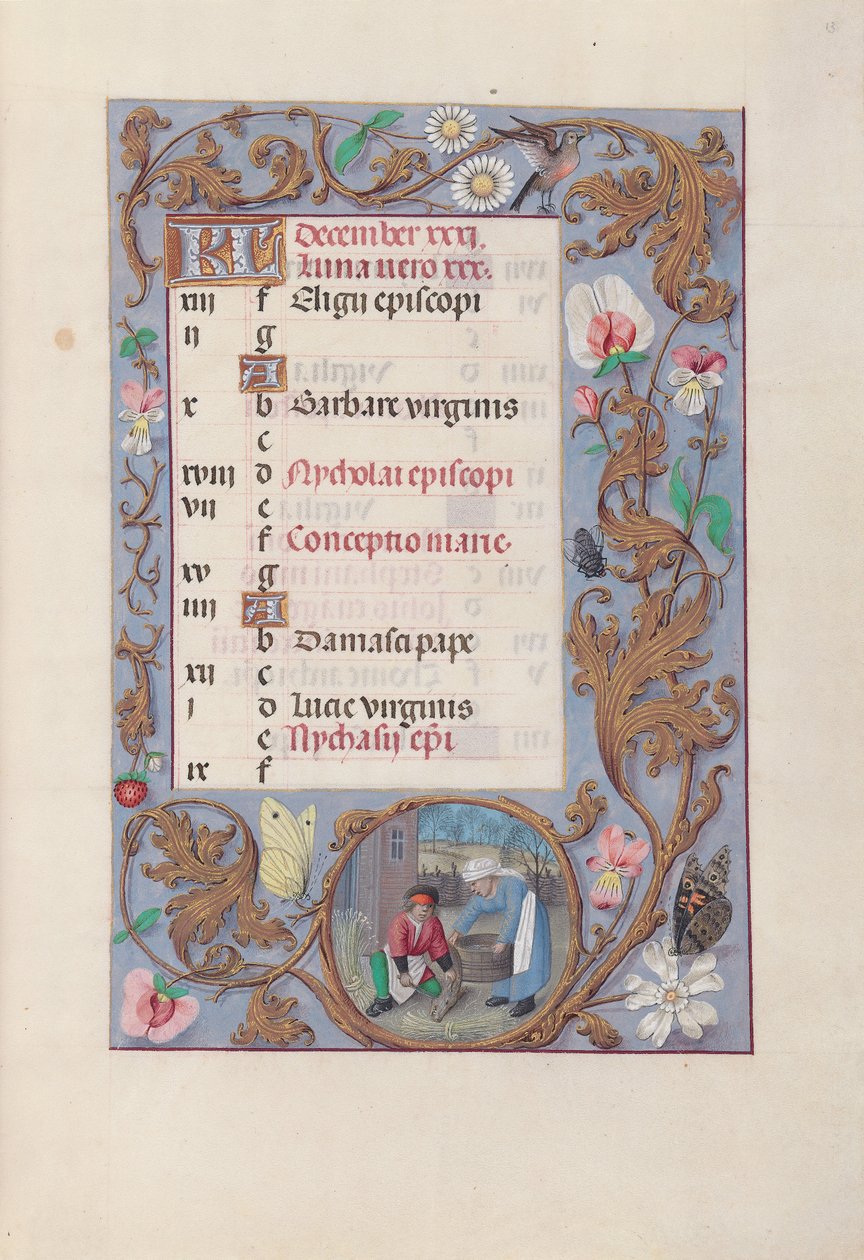 Stundenbuch der Königin Isabella der Katholischen, Königin von Spanien: Fol. 13r, Dezember von Master of the First Prayerbook of Maximillian