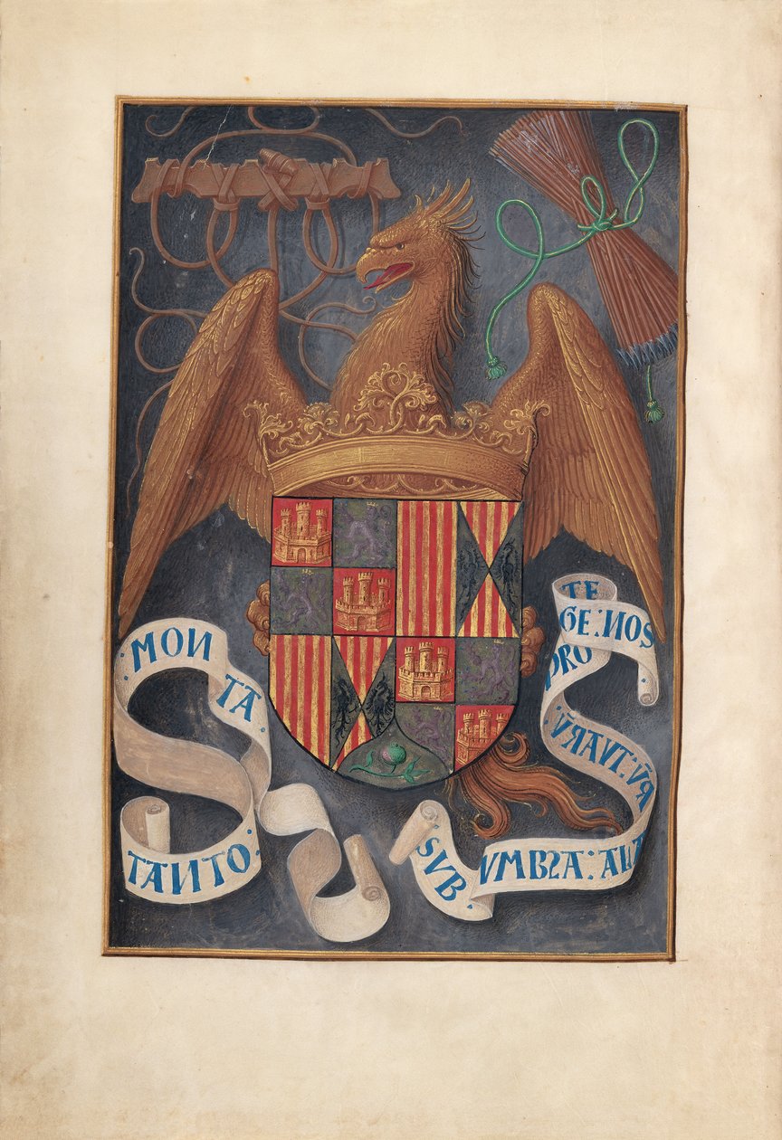 Stundenbuch der Königin Isabella der Katholischen, Königin von Spanien: Fol. 1v, Wappen und Mottos von Isabel la Católica von Master of the First Prayerbook of Maximillian