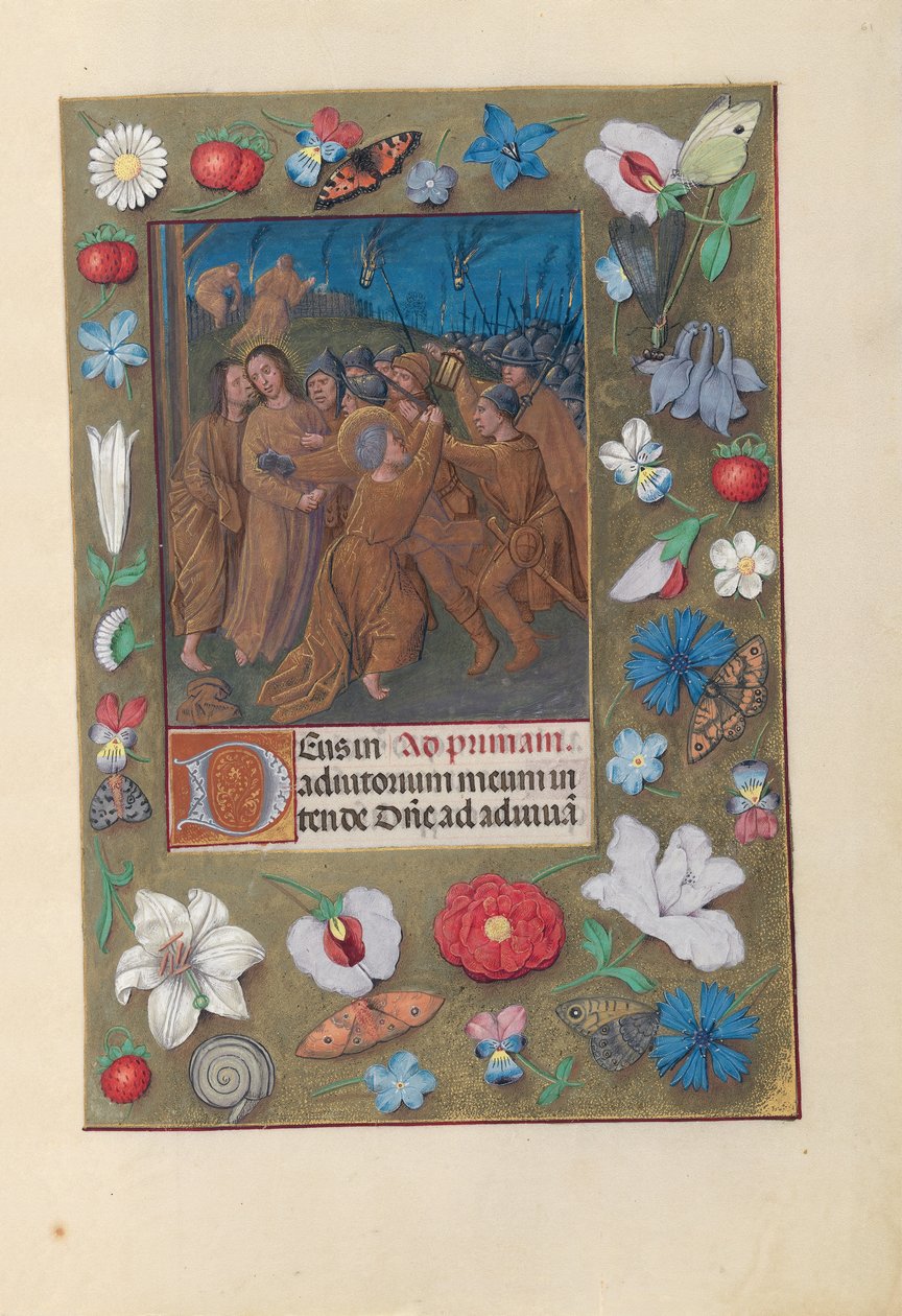 Stundenbuch der Königin Isabella der Katholischen, Königin von Spanien: Fol. 61r, Kuss des Judas, ca. 1500 von Master of the First Prayerbook of Maximillian