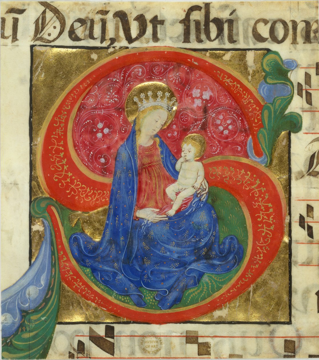 Manuskriptillumination mit der Jungfrau und dem Kind in einem Initial S, aus einem Antiphonar, Mitte des 15. Jahrhunderts von Master of the Franciscan Breviary