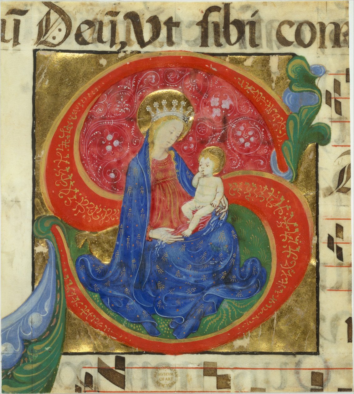Manuskript-Illumination mit der Jungfrau und dem Kind in einem Initial S..., Mitte des 15. Jahrhunderts von Master of the Franciscan Breviary