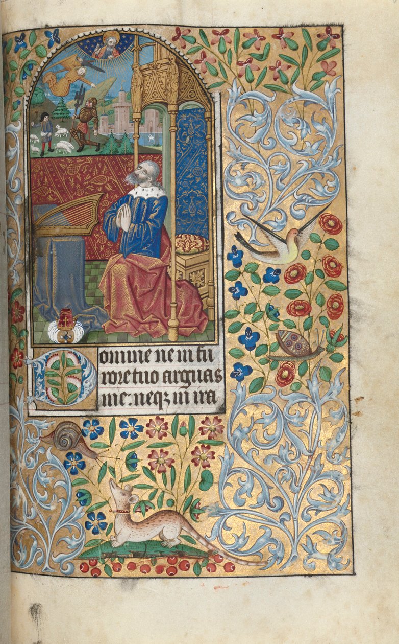 Stundenbuch (Gebrauch von Rouen): fol. 80r, Eröffnung der Bußpsalmen, David als Büßer, im Hintergrund David, der Goliath erschlägt von Master of the Geneva Latini