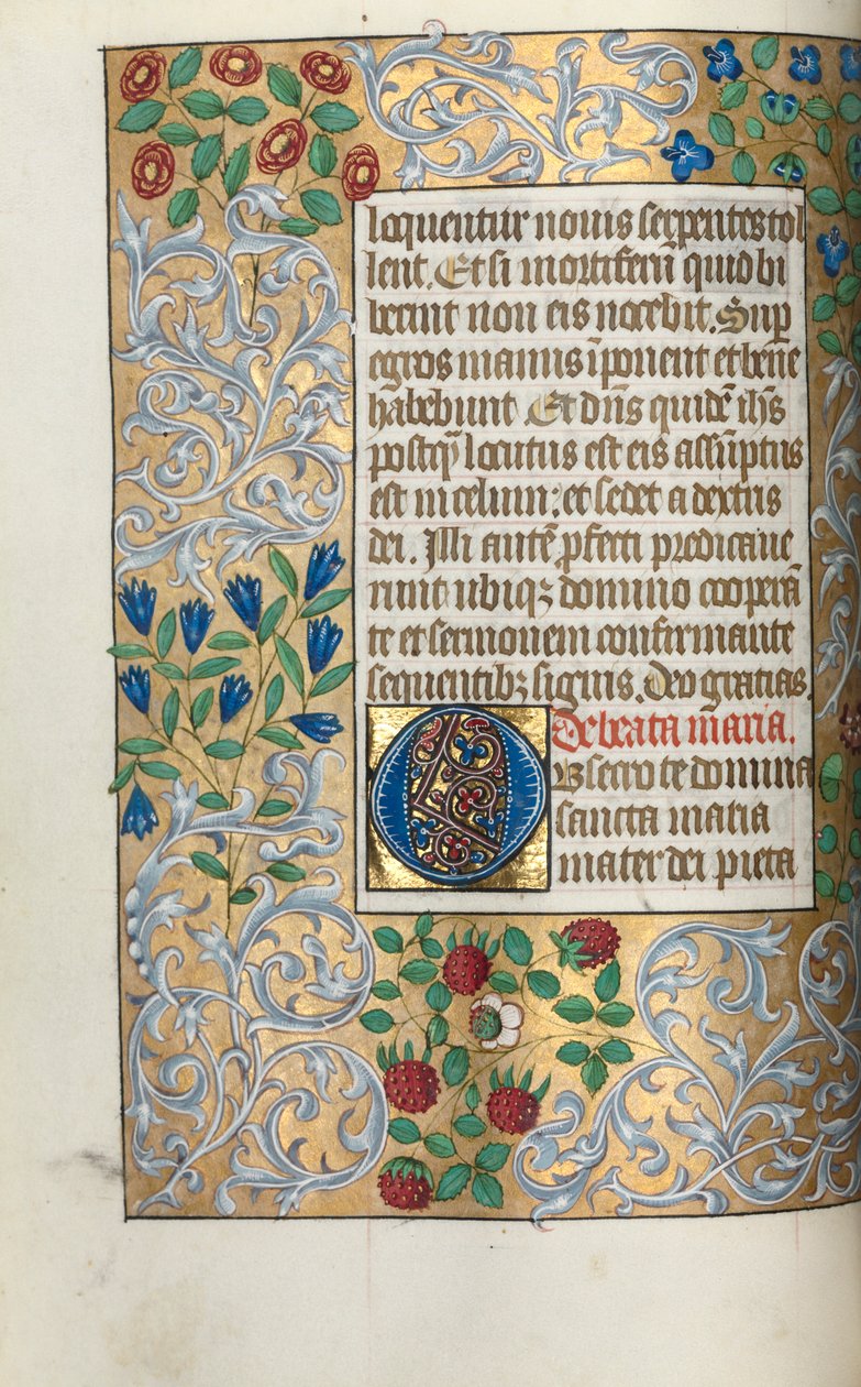 Stundenbuch Gebrauch von Rouen: fol. 18v, Große Initiale O mit aufwendigem Rand, um 1470 von Master of the Geneva Latini