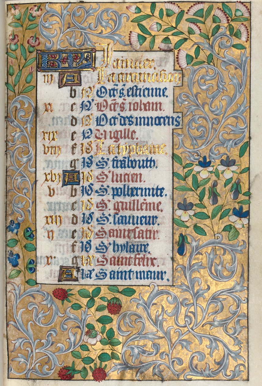 Stundenbuch Gebrauch von Rouen: fol. 1r, Aufwendige Blattbordüre, ca. 1470 von Master of the Geneva Latini