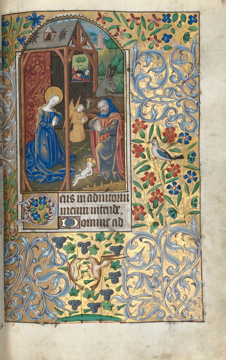 Stundenbuch Gebrauch von Rouen: fol. 56r, Anbetung mit Hirten, Geburt Christi, um 1470 von Master of the Geneva Latini