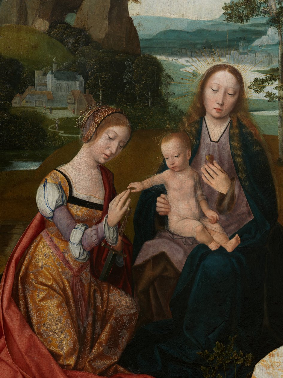(Detail) des zentralen Panels der Jungfrau und des Kindes mit der Heiligen Katharina und der Heiligen Barbara, ca. 1520-25 von Master of the Holy Blood
