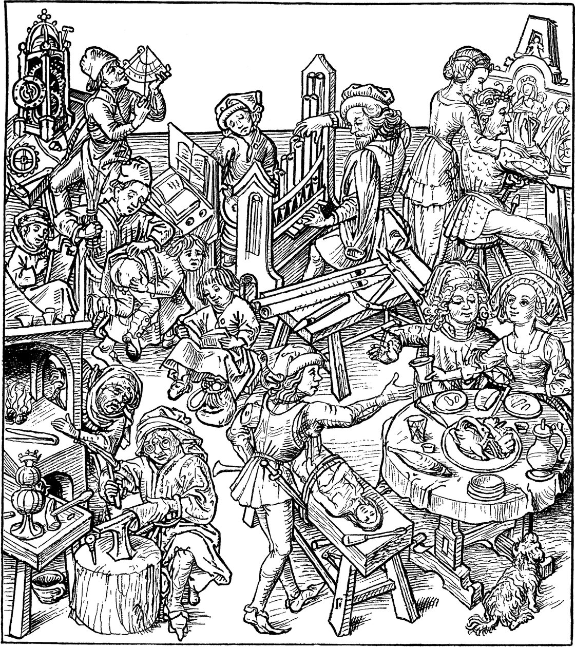 Merkur und seine Kinder. Illustration aus dem Hausbuch von Master of the Housebook