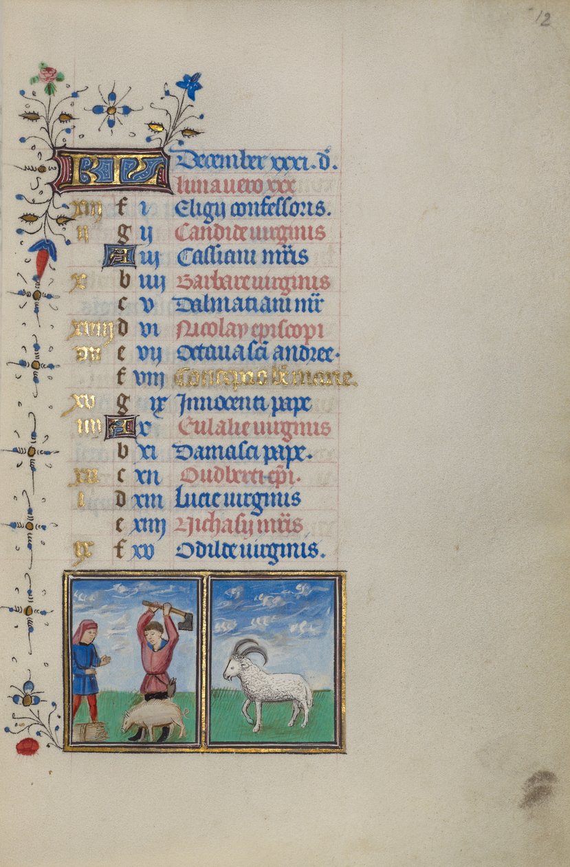 Kalenderseite für Dezember; Schweineschlachtung; Steinbock von Master of the Lee Hours