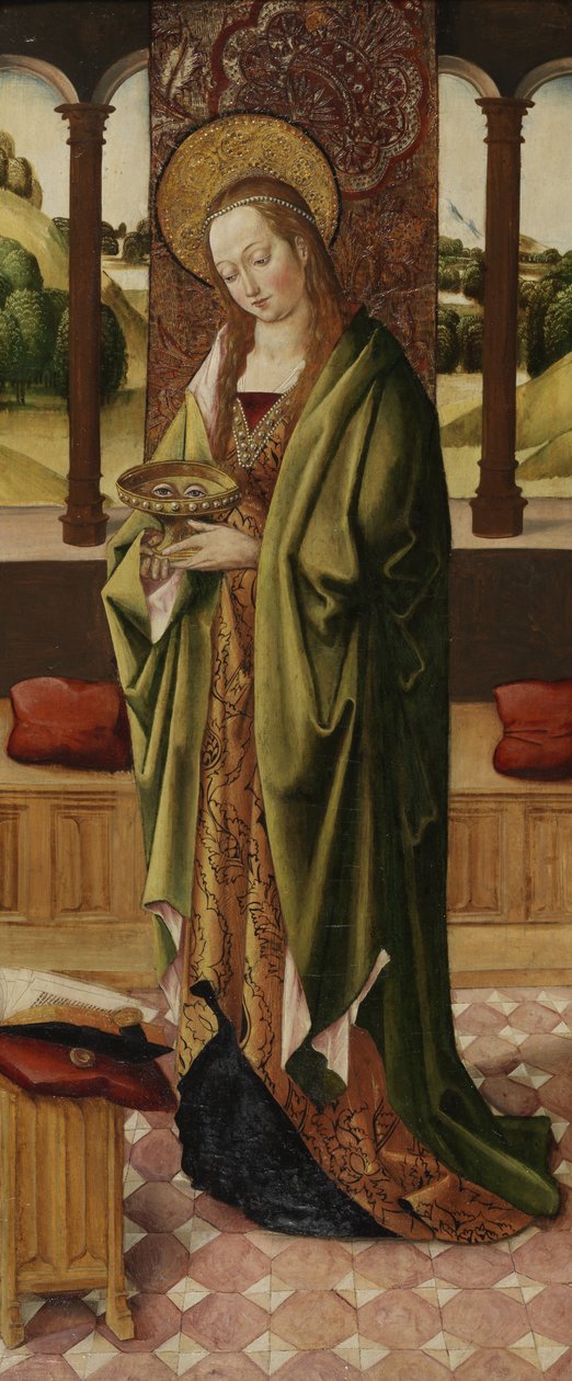 Triptychon der Jungfrau und des Kindes mit zwei Engeln, Detail der Heiligen Lucia vom rechten Flügel, ca. 1500 von Master of the Lee Triptych Master of the Lee Triptych