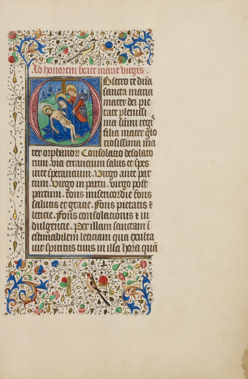 Initiale O: Die Pietà mit dem heiligen Johannes dem Evangelisten von Master of the Llangattock Hours