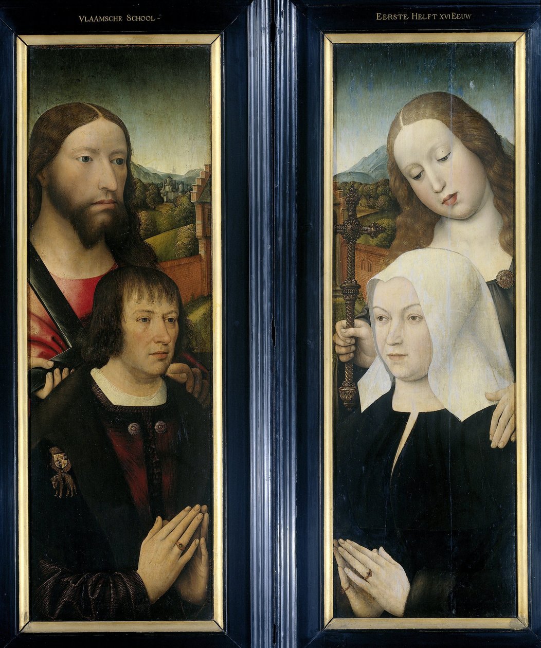 Zwei Flügel eines Triptychons mit dem Stifter Thomas Isaacq, begleitet von St. Thomas (links, Außenflügel), und der Frau des Stifters, begleitet von St. Margareta (rechts, Außenflügel) von Master of the Magdalen Legend